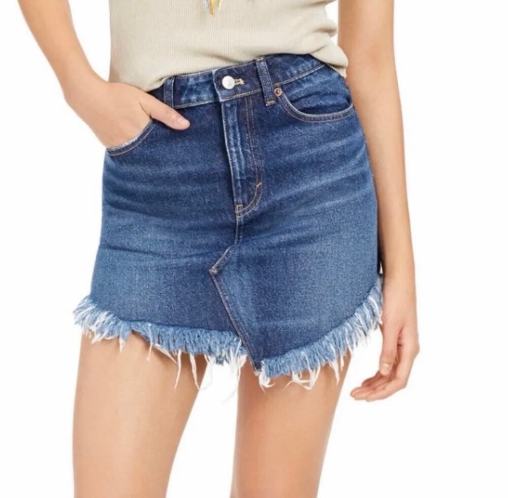 Free People Bailey Fringe High Rise Denim Skirt Blue Size 28 NWT